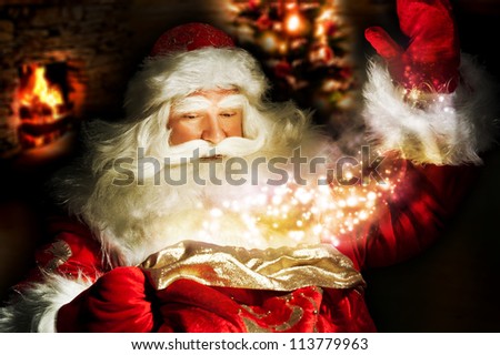 Santa Claus At Home At Night Making Magic