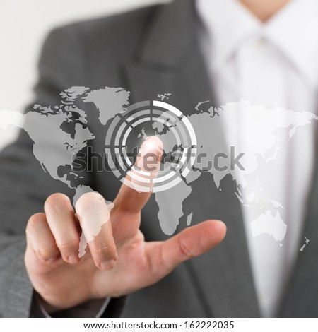 Business Woman Pointing Her Finger On Virtual Button On World Map