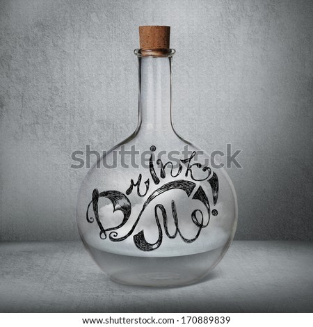 Glass bottle with liquid and vapor standing inside gray box. Drink Me sign drawn on the bottle. Magical doping concept