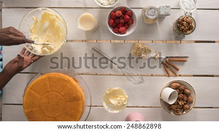 Unrecognizable Woman Cooking at home. Dessert Concept. Healthy Lifestyle. Cooking At Home. Prepare Food. Top View