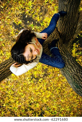 Portrait of young attractive active woman sitting on a tree in park. Autumn yellow vivid color leaves around.