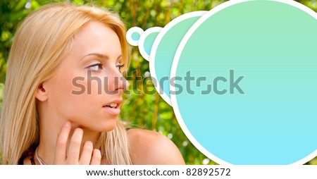 Face of the young beautiful sexy woman outdoors. Blank balloon with copyspace for your text and logo.