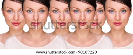 Pretty young woman standing with her clones against white background. Business cloning concept or rejuvenation with stem cells concept