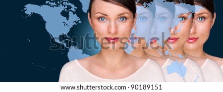 Many identical businesswomen clones in front of digital transparent world map. Internet online Business production concept