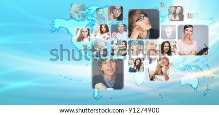Graphic design background. World map and photo of different people across the world. Online community concept