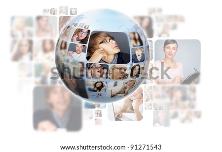 A globe against white background with many different people\'s faces. Can represent a technology social network of friends and communication.