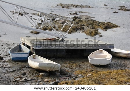 Empty Rowboats on Dry Land, Next to Dock and Gangplank, Mid-Coast Maine, October
