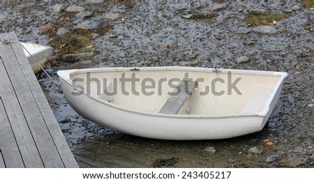 Empty White Rowboat on Land, Tied to Dock, Mid-Coast Maine, October
