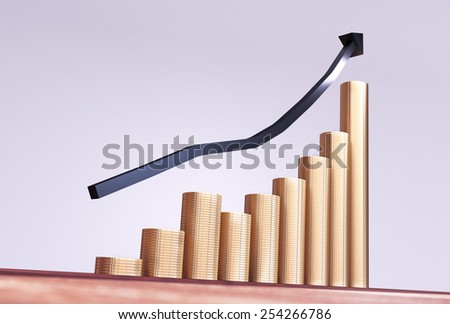 Gold coins money stack rising with arrow pointing up