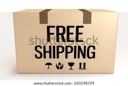 Free shipping package box isolated on white front view.