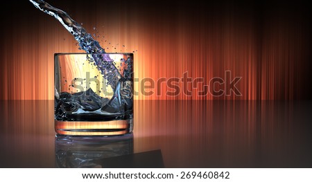 Pouring whisky or alcohol drink to a square glass. Artistic orange light in the background with reflection and space for text on the right side.