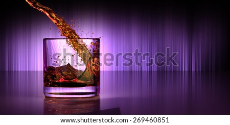 Pouring whisky or alcohol drink to a square glass. Artistic light in the background with reflection and space for text on the right side.