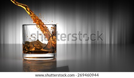 Pouring whisky or alcohol drink to a square glass. Artistic light in the background with reflection and space for text on the right side.