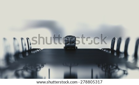 Business background concept of a view on a boss chair by conference table in an abstract white scenery. Camera focus on a boss chair.