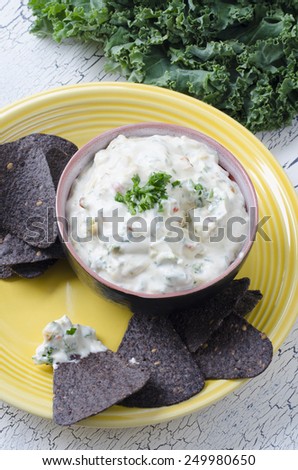 blue corn tortilla chips with ranch vegetable dip and kale