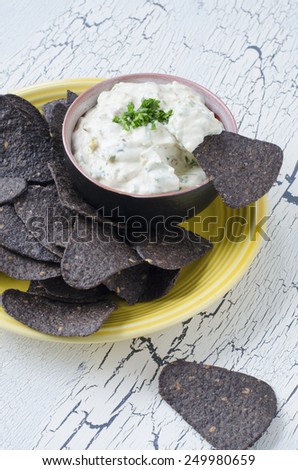 blue corn tortilla chips with ranch vegetable dip