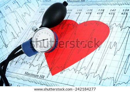 Blood pressure monitor on heart printout with heart shape