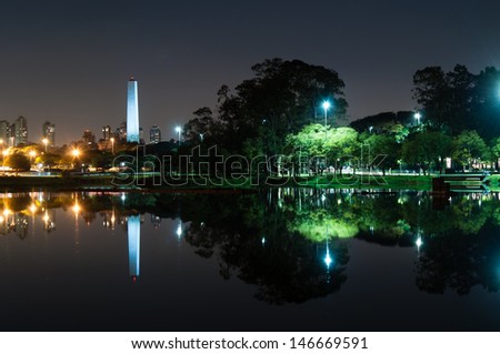 Night view of the Obelisk of Sao Paulo Ibirapuera park.