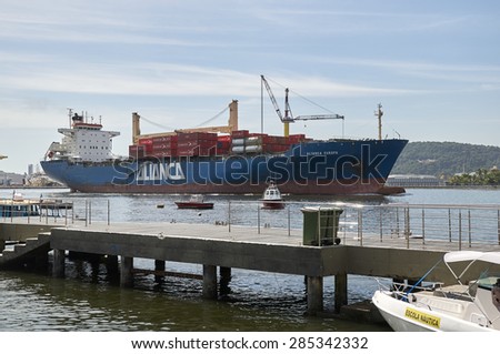 SAO PAULO, BRAZIL - January 27: Maritime transport ship leaving the port of Santos, located in the cities of Santos and Guaruja, State of Sao Paulo is the main Brazilian port, on January 27, 2015.