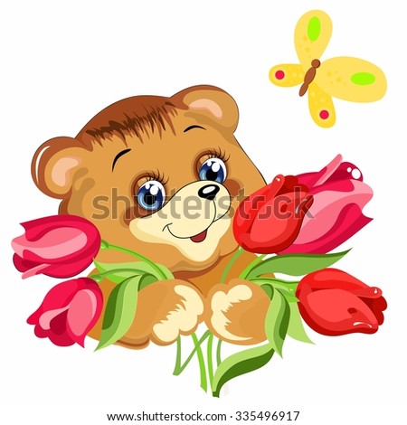 bear holding an armful of flowers, tulips, pink flowers, happy bear, for you, flowers for girls, spring, spring flowers, summer
