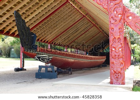 Maori War Canoe On Display Made Of Kauri Wood Stock Photo 45828358 