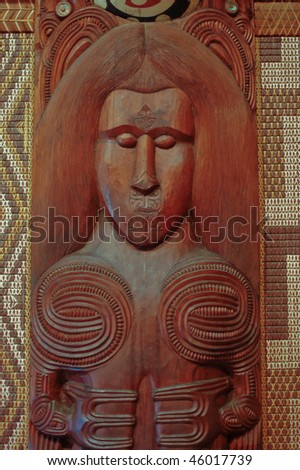 Maori wall carvings in a