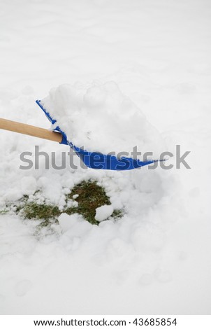 Plowing snow in garden with blue plastic shovel