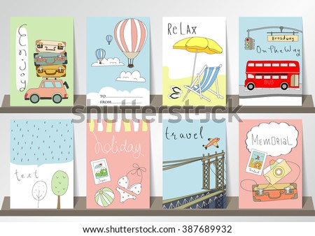 Light pink blue collection for banners, Flyers, Placards with brooklyn bridge, balloon, world traveling on airplane, planning a summer beach vacation, tourism and journey objects and passenger luggage