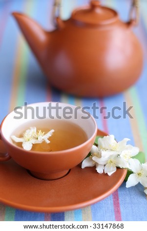 cup of green tea with jasmine flowers and a teapot