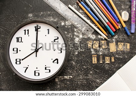 It is time for school concept - school equipment on old blackboard background
