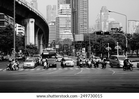 BANGKOK-JANUARY 31 2015: Black and White Rama 4 Road Intersection with Si Lom Road. Si Lom is a sub-District and road in Bang Rak district, Bangkok, Thailand