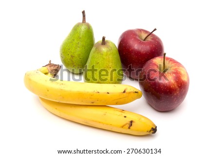 Pitcher of juice. Pears, apples and bananas. On a white background