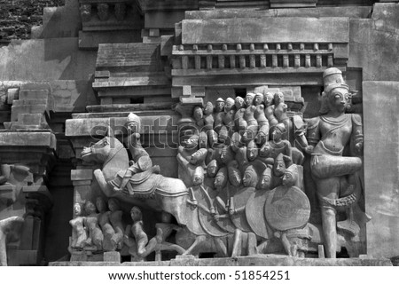 sandblasted carvings of hindu god godesses chariot depicting war epic belonging to 15th century at Hampi state of karnataka india