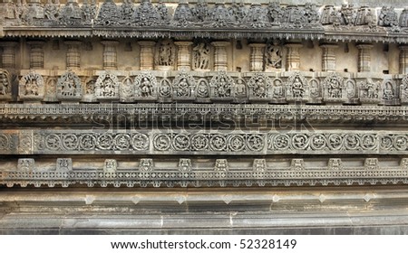 layered carvings around the famous ancient belur temple in karnataka state, india. Construction of the Chenna  Keshava Hindu temple began in 1116 AD, and took more than 100 years to complete.
