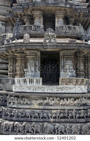 A section of the ancient Belur temple in southern Karnataka state, India. Construction of the Chenna Keshava Hindu temple began in 1116 AD, and took more than 100 years to complete.