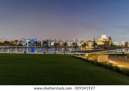 DOHA, QATAR - AUGUST 24: The Museum of Islamic Art Park at night on August 24, 2015 in Doha, Qatar.