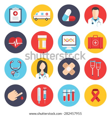 Flat icons set of medical tools and health care equipment, science research and health treatment service. Modern design style collection. Pharmacy symbol sign vector illustration on white background