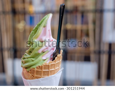 Green tea and strawberry ice cream cone japan soft focus selective