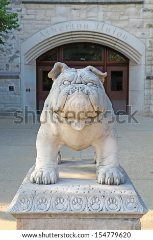INDIANAPOLIS, INDIANA - JULY 30: Bulldog statue in front of the Atherton Union building at Butler University, July 30, 2011. This statue of the popular school mascot is a gift from the class of 1996.
