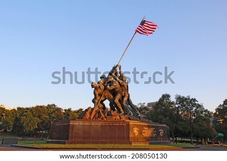 ARLINGTON, VIRGINIA - JULY 25 2014: The Marine Corps War memorial in Arlington, Virginia. This monument, also called the Iwo Jima Memorial, was built in 1951 to honor Marine war casualties since 1775.
