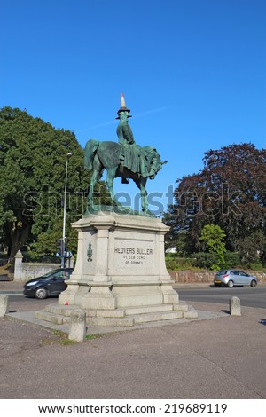 EXETER, UK - SEPTEMBER 12 2014: Equestrian statue of Redvers Buller by sculptor Adrian Jones in 1905 decorated with a traffic cone by students on the first day of classes at the University of Exeter.