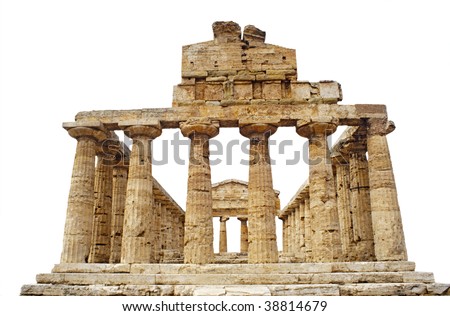View from the back of the Greek Temple of Athena in Paestum, Italy built around 500 BC, isolated against a white background