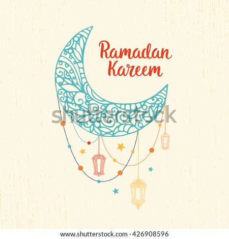 Ramadan Kareem theme. Vector card with lanterns, moon and lettering. Hand drawn illustration with lamps and crescent.
