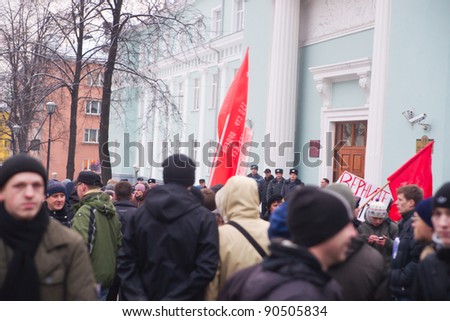 PETROZAVODSK, RUSSIA - DECEMBER 10: People protest against fraud in russian polls on December 10, 2011 in Moscow, Russia. Protesters are demanding fair elections.