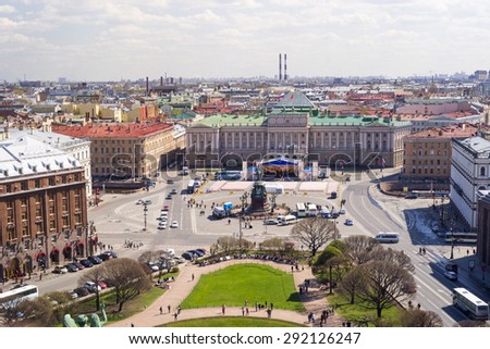 ST.PETERSBURG, RUSSIA - MAY 08,2012: Small stage on Isaac Square, view from St. Isaac Cathedral in St. Petersburg, Russia. Holiday show devoted to Victory Day is hold on The Isaac Square yearly in May