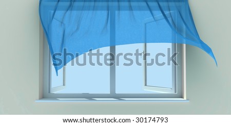 Window and a blue curtain, raised by wind