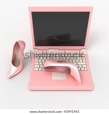 Set for blonde. Pink laptop and stiletto on a white background