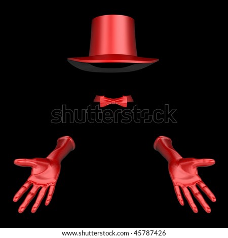 Red magician hat and gloves. On black background