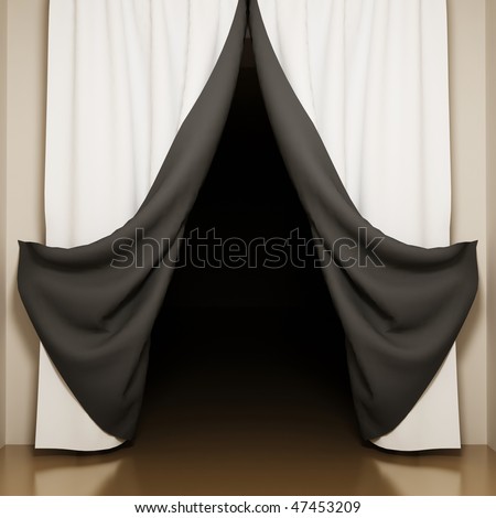 Black and white curtains with open-angle. View to dark room