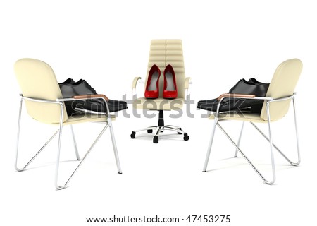 Women\'s shoes in the role of the boss and the men\'s shoes in the role of subordinates are on the office chairs. Isolated on white